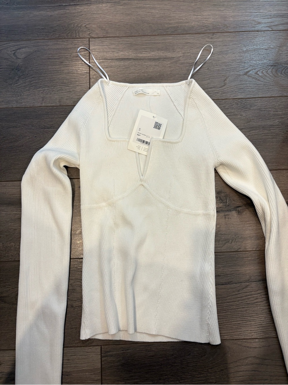Off-the-Shoulder White Ribbed Knit Sweater with Spaghetti Straps